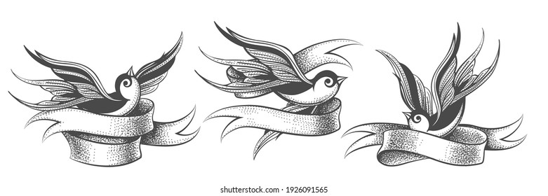 Set of Swallows with ribbon isolated on white.Vintage style for Tattoo design. Vector illustration