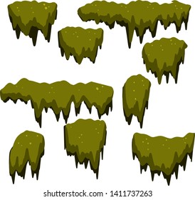 Set of swamp moss of different shapes. Green plant in the forest and nature. marsh element. bog mud and mold. rotten tree. Cartoon flat illustration