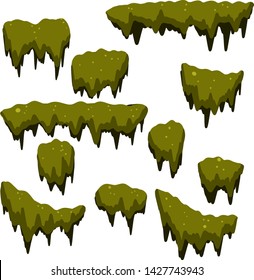 Set of swamp moss of different shapes. bog mud and mold. rotten tree. Cartoon flat illustration. Green plant in the forest and nature. marsh element