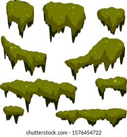 Set of swamp moss of different shapes. bog mud and mold. Cartoon flat illustration. marsh element. Green plant in the forest and nature. rotten tree