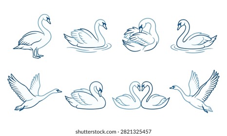 A set of swan with babies in various poses line art vector icon illustration on a white background