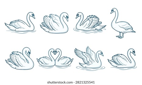 A set of swan with babies in various poses line art vector icon illustration on a white background