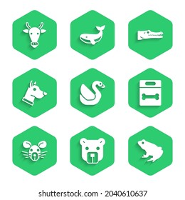 Set Swan bird, Bear head, Frog, Dog bone, Rat, Crocodile and Cow icon. Vector