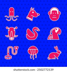 Set Swan bird, Jellyfish, Rabbit, Macaw parrot, Collar with name tag, Wild boar head, Monkey and Octopus icon. Vector