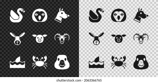 Set Swan bird, Owl, Dog head, Shark fin in ocean wave, Crab, Goose, Rabbit and Pig icon. Vector