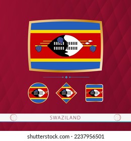 Juego de banderas de Suazilandia con marco dorado para su uso en eventos deportivos sobre un fondo burdeos y abstracto. Colección vectorial de banderas.