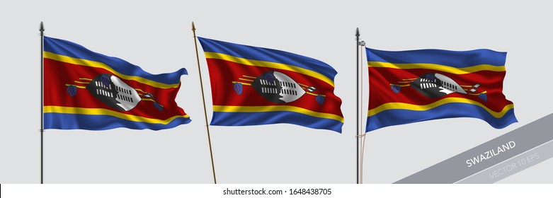 Set of Swaziland waving flag on isolated background vector illustration. 3 Eswatini wavy realistic flag as a symbol of patriotism
