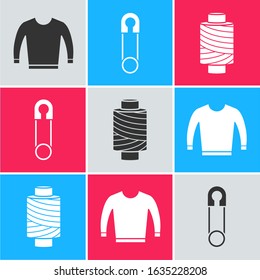 Set Sweater, Classic closed steel safety pin and Sewing thread on spool icon. Vector