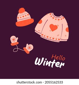Juego de suéter, sombrero, mitones. Hola invierno, un juego de invierno para decorar postales