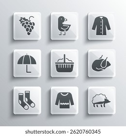 Set Sweater, Hedgehog, Roasted turkey or chicken, Basket, Socks, Umbrella, Grape fruit and Raincoat icon. Vector