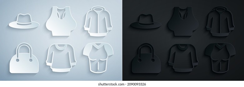 Set Sweater, Hoodie, Handbag, T-shirt, Undershirt and Man hat icon. Vector