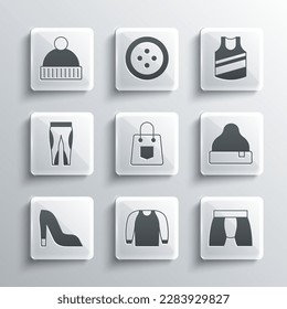 Set Sweater, Men underpants, Beanie hat, Handbag, Woman shoe, Leggings,  and Undershirt icon. Vector