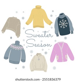 Set of sweater for sale banner, cozy winter, knitting hobby theme card, flyer, web banner, invitation Isolated on white background.