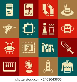 Set Sweater, Sword for game, School backpack, Socks, Processor with CPU, Ray gun, Computer and Chess icon. Vector