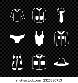 Set Sweater, Tie, Pants, Shirt, Man hat, Men underpants and Swimsuit icon. Vector
