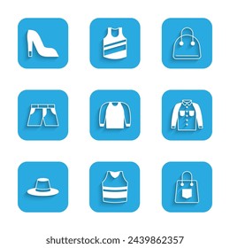 Set Sweater, Undershirt, Handbag, Shirt, Man hat, Short or pants,  and Woman shoe icon. Vector