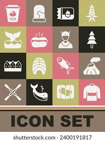 Set Sweater, Volcano, Tree, Ticket in Iceland, Hotdog sandwich, Whale tail, Yogurt container and Viking head icon. Vector