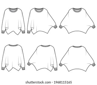 Set of Sweaters batwing sleeve technical fashion illustration with rib oval neck, oversized, hip length, knit trim. Flat garment apparel front, back, white color style. Women, men unisex CAD mockup