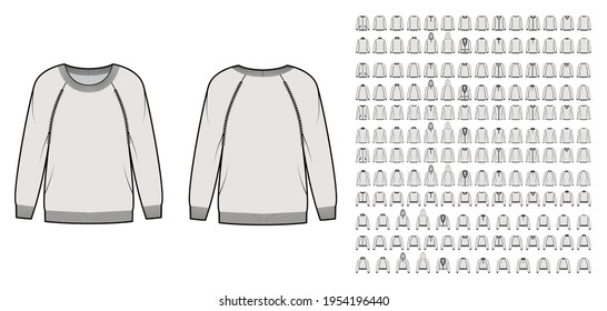 Set of Sweaters, cardigans technical fashion illustration with hood long raglan sleeves, waist, hip length, knit rib trim. Flat jumpers apparel front, back grey color. Women men unisex CAD mockup