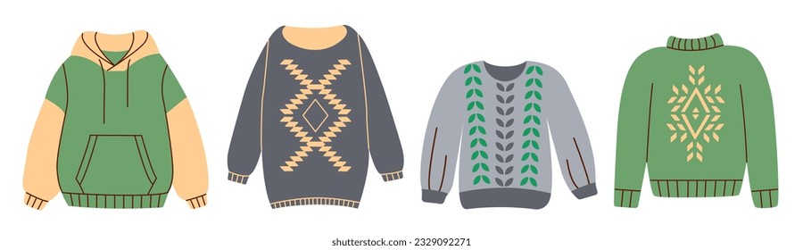 Set of sweaters or jumpers isolated on white background. Collection of seasonal warm autumn clothing with prints.