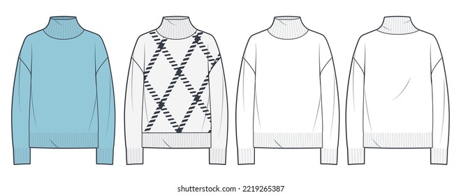 Set of Sweaters, Jumpers technical fashion illustration. Sweaters fashion technical drawing template, overfit, roll neck, front and back view, white, blue and plaid design, unisex CAD mockup set.