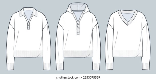 Set of Sweaters, Jumpers technical fashion illustration. Sweatshirt fashion technical drawing template, overfit, hood, polo collar, v neck, front view, white, women, men, unisex CAD mockup set.