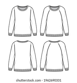 Set von Sweaters rund Nacken technische Mode-Illustration mit langen raglan Ärmeln, überdimensioniert, Hüftlänge, Strickrippe-Gurken Trimm. Flaches Bekleidungsvorn, Rücken, weißer Farbstil. Frauen, Männer ohne Ex-CAD-Modell