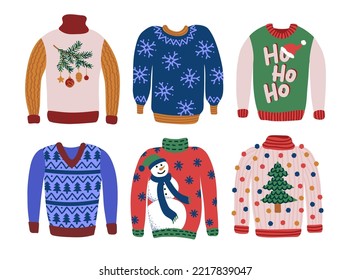 	
Set of sweaters for ugly Christmas party. Warm knitted jumpers with different cute prints and ornaments. Vector illustration isolated on white.