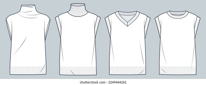 Set von Sweaters Vest, Jumpers technische Mode Illustration. Sweaters Vest Mode technische Zeichnung Vorlage, Roll Nacken, Rund Hals, v Hals, Frontansicht, weiß, Frauen, Männer, unisex CAD Mock up Set.