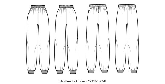 Set Of Sweatpants Technical Fashion Illustration With Elastic Cuffs, Normal Low Waist, High Rise, Full Length, Drawstrings. Flat Training Apparel Template Front, Back White Color. Women Men CAD Mockup