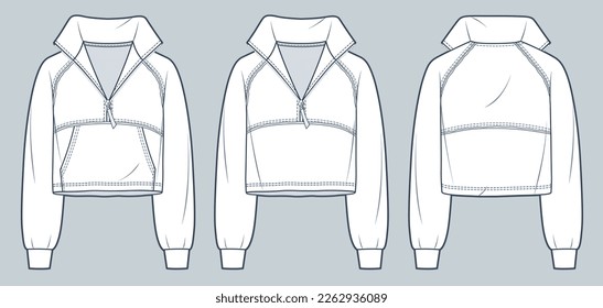 Set of Sweatshirt technical fashion illustration. Raglan Sleeve cropped Sweatshirt fashion technical drawing template, raw, oversized, front and back view, white, women, men, unisex CAD mockup set.