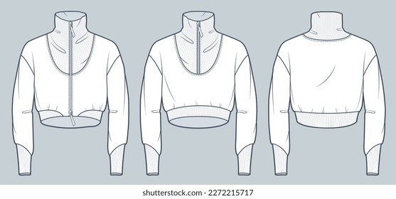 Set von Sweatshirt technische Modegrafik. Crop Sweatshirt-Modeklamotten, Rollhalskette, Übergröße, Reißverschluss, gerippte Vorder- und Rückseite, weiß, Frauen, Männer, unisex-CAD-Modell nach oben