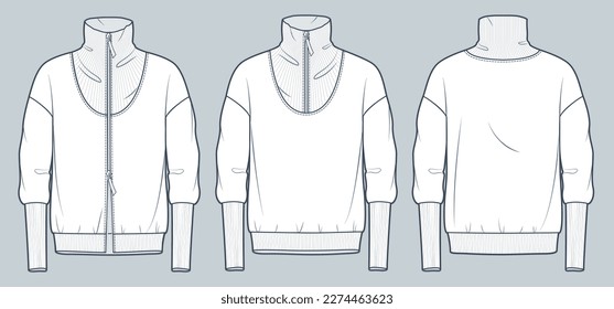 Set of Sweatshirt technical fashion illustration. Roll neckline Sweatshirt fashion flat technical drawing template, oversize, zip-up, ribbed, front and back view, white, women, men, unisex CAD mockup.