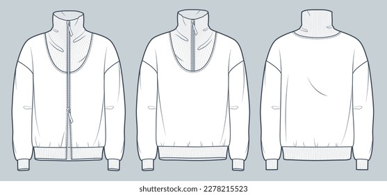 Set of Sweatshirt technical fashion illustration. Roll neckline Sweatshirt fashion flat technical drawing template, oversize, zip-up, ribbed, front and back view, white, women, men, unisex CAD mockup.