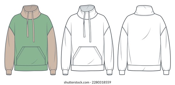 Set of Sweatshirt technical fashion illustration, fashion design. Roll Neck Sweatshirt fashion technical drawing template, pocket, front and back view, white, green, women, men, unisex CAD mockup set.