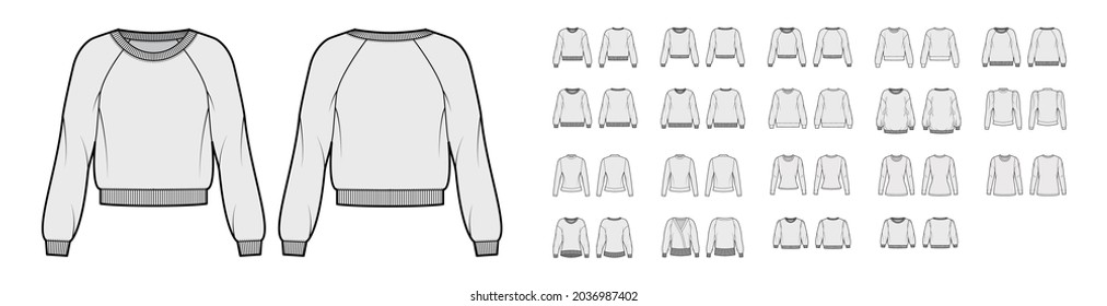 Set of sweatshirts technical fashion illustration with fitted oversized fitted body, crew V- neckline, long elbow sleeves. Flat jumper apparel template front, back, grey color. Women, men, top mockup