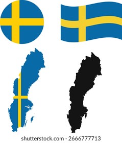 Eine Reihe von Symbolen der schwedischen Flagge. Eine Reihe von Fahnen in wellenförmigen und runden Form . Fahne-Symbole.Schweden detaillierte Karte mit Flagge des Landes und schwarze Farbe. Vektorgrafik