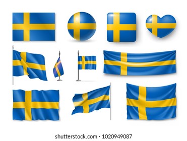 Set Sweden flags, banners, banners, symbols, flat icon. Vector illustration of collection of national symbols on various objects and state signs