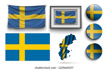 set of Sweden flags collection isolated on white