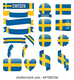 Set of Sweden maps, flags, ribbons, icons and buttons with different shapes.