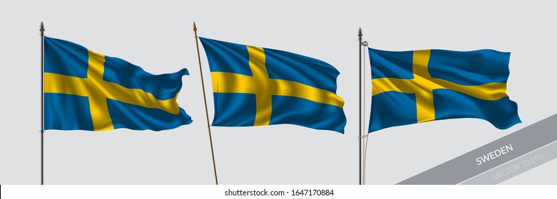 Set of Sweden waving flag on isolated background vector illustration. 3 Swedish wavy realistic flag as a symbol of patriotism