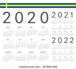 Set of Swedish 2020, 2021, 2022 year vector calendars. Week starts from Sunday.