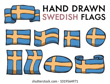 Set of Swedish Hand Drawn / Doodled National Flags. High-Quality Vector Illustration. Grouped, Ready To Use!