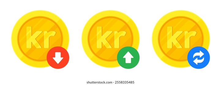 Set of Swedish krona (SEK), Norwegian krone (NOK), Danish krone (DKK) gold coins, arrows for increase, decrease, transaction. Finance, currency, Kr exchange. Flat vector isolated on a white background