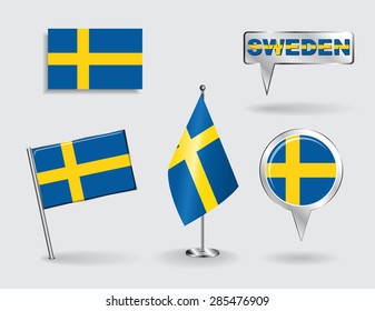 Set of Swedish pin, icon and map pointer flags. Vector illustration.
