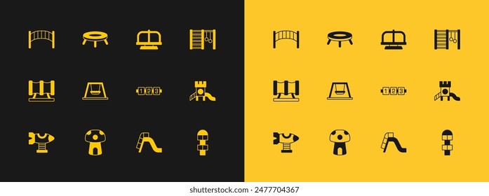 Set Swedish wall, Mushroom house, Education logic game, Slide playground, Swing for kids, Attraction carousel, Playground bridge and Jumping trampoline icon. Vector