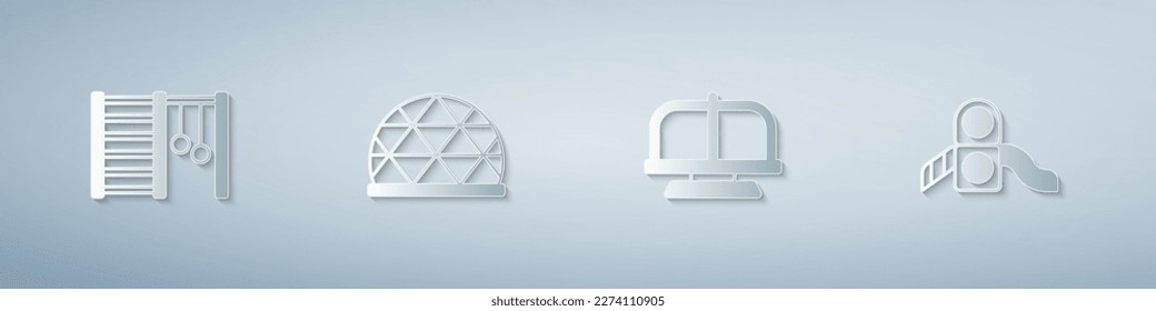 Set Swedish wall, Playground climbing equipment, Attraction carousel and Slide playground. Paper art style. Vector