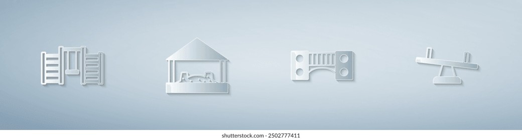 Set Swedish wall, Sandbox with sand, Playground kids bridge and Seesaw. Paper art style. Vector