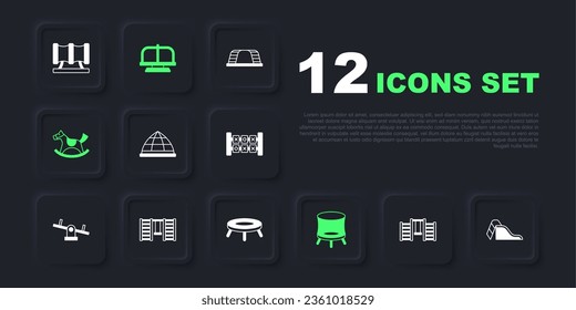 Set Swedish wall, Slide playground, Playground climbing equipment, Jumping trampoline, Horse saddle swing, Attraction carousel and  icon. Vector