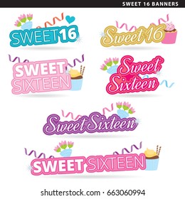 Set of sweet 16 banners in two typographic styles.